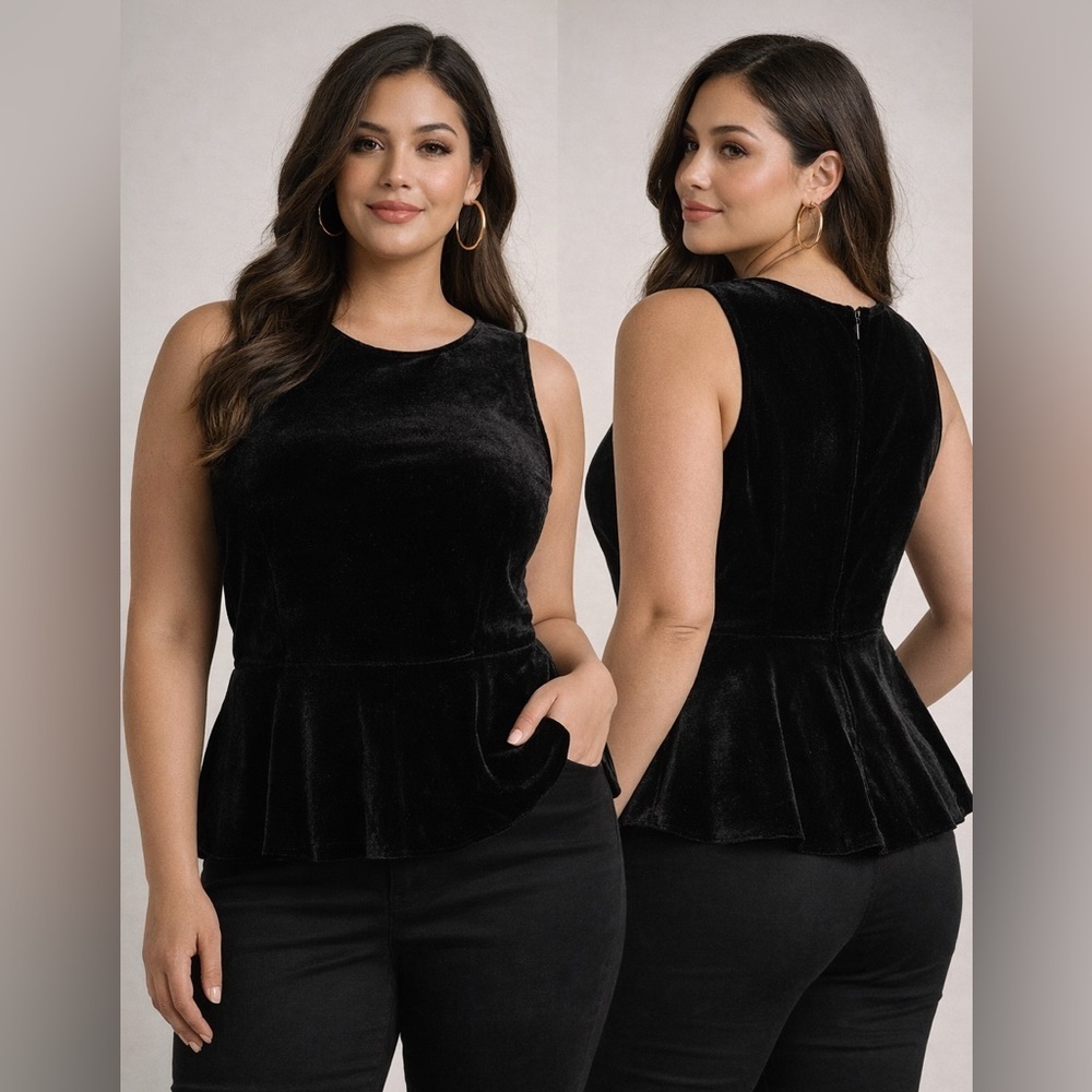 Eileen Fisher Black Velvet Peplum Sleeveless Top XS Elegant Minimalist
